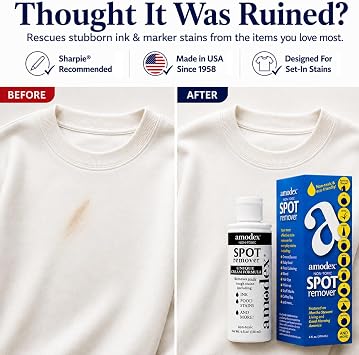 Amodex Ink & Spot Remover for Clothes, Leather and Skin - Removes Ink, Ballpoint, Sharpie, Grease and More, Works on Set-in Stains, Gentle but Powerful, 4oz/120ml Bottle