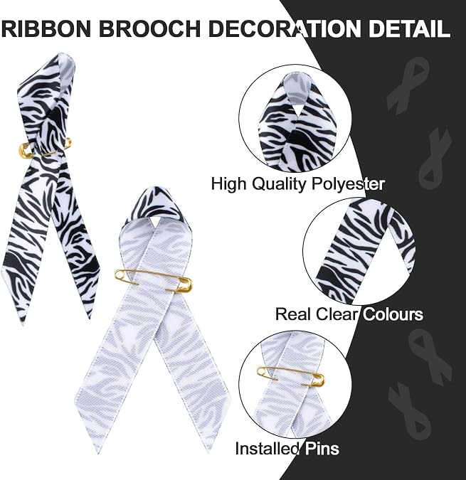 100pcs Zebra Rare Disease Day Ribbon, Black and White Satin Pins Rare Disease NETs, EDSs, Carcinoid Cancer Awareness Brooch with Safety Pins, 7.5 * 4cm