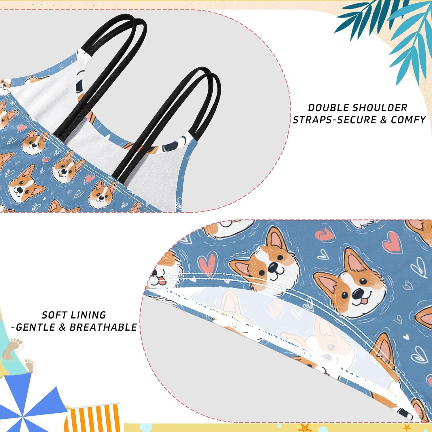 Girls Two Piece Swimsuits Cute Corgis Head Heart Bikini Set Swimwear Kids Bathing Suit for Girls 5-12 Years