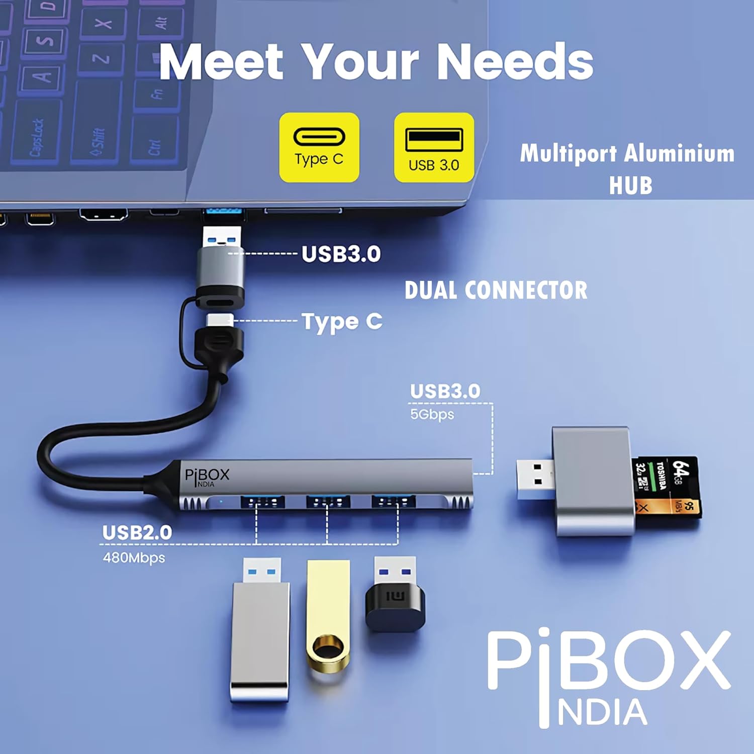 New Year Sale Usb C Hub Multiport, Pibox India Usb C And 3.0 To Usb Adapter Multiport, Usb C And Usb 3.0 To Usb A 4 Port Hub, Usb-C To Usb Hub 3.0, Usb Hub 2.0, For Macbook Pro, Usb Splitter Aluminum, Color Gray