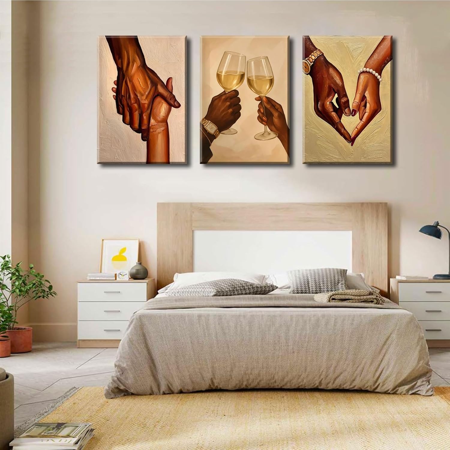 3Pcs Black Couple Canvas Wall Art Black Love Wall Decor Pictures African American Couple Holding Hands Posters Prints for Living Room Bedroom Decoration 16x24in