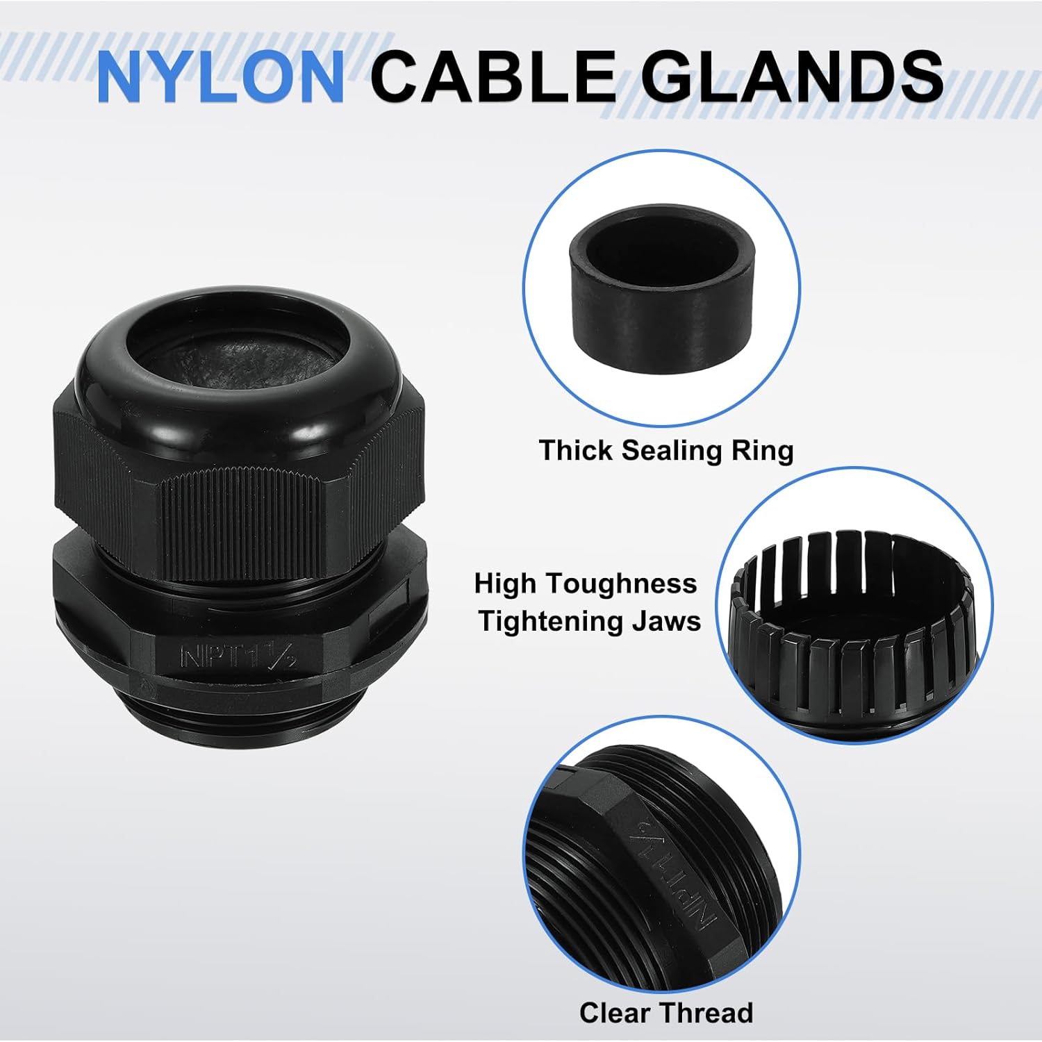 uxcell 6Pcs NPT 1-1/2" Nylon Cable Glands, Waterproof Cord Grip Connector, Adjustable 32-38mm Wire Grommet Protectors with Gaskets and Locknut for Junction Box, Black