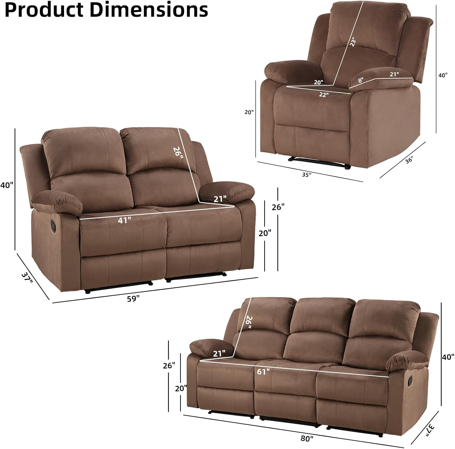 EBELLO Manual Recliner Sofa Set, Microfiber Reclining Couch Furniture Set for Living Room, Includes 1 Recliner Chair, 1 Loveseat Sofa and 1 3-Seater Reclining Couch, Brown