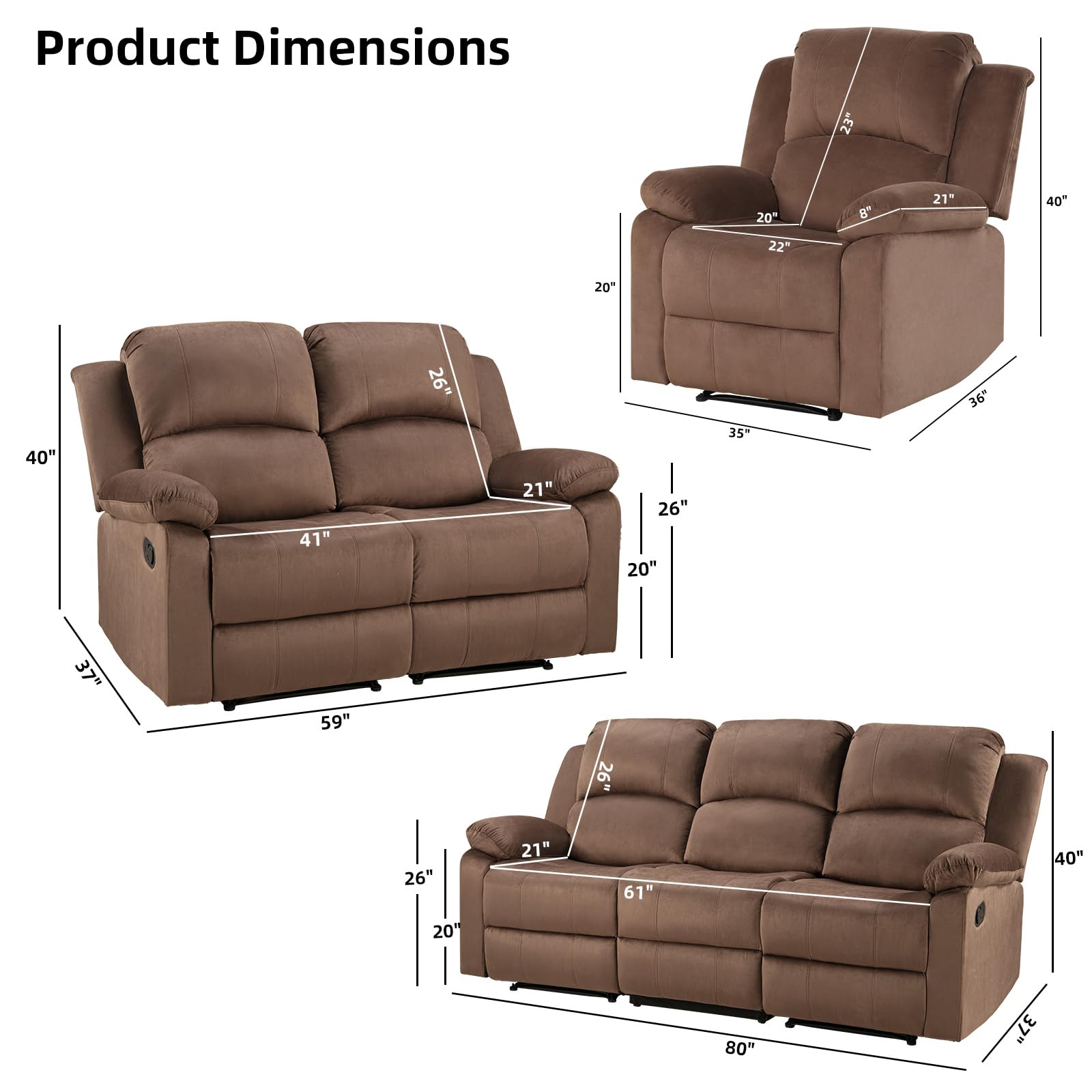 EBELLO Manual Recliner Sofa Set, Microfiber Reclining Couch Furniture Set for Living Room, Includes 1 Recliner Chair, 1 Loveseat Sofa and 1 3-Seater Reclining Couch, Brown view 2
