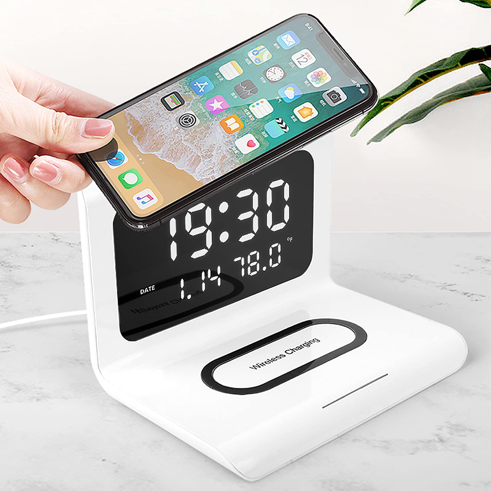 Reloj Despertador Cargador inalámbrico Pantalla LED Reloj Digital con Fecha Calendario Temperatura para el hogar Pantalla LED Grande(Blanco)