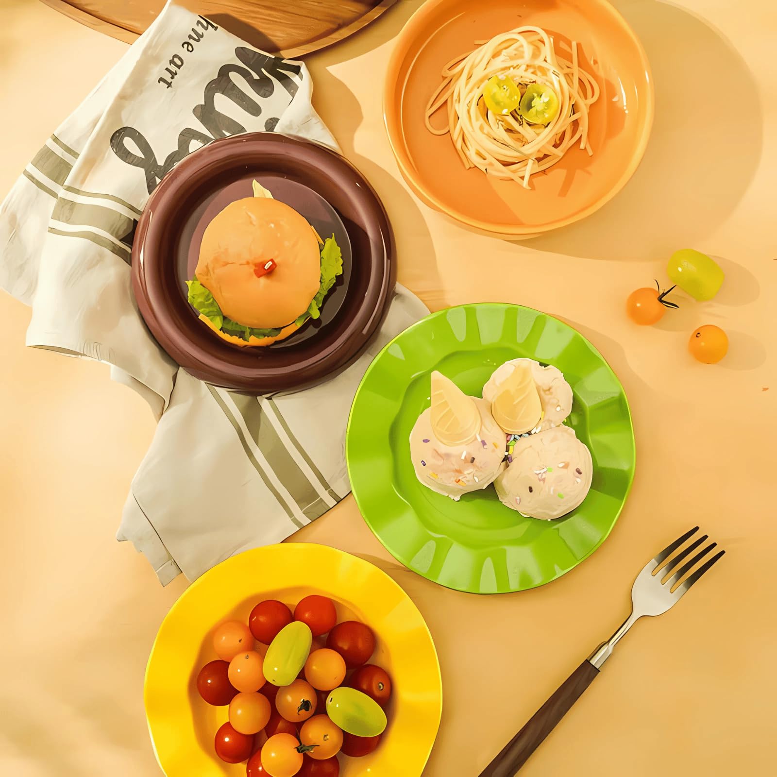 Keramik-Hamburger-Teller und -Schüssel-Sets, 5-teiliges stapelbares Burger-Geschirr-Set, lustiges und niedliches Weihnachtsgeschenk für Kinder und Erwachsene