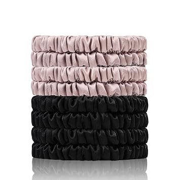 22 Momme 100% Pure Mulberry Silk Scrunchies Black*4 and Silk Hair Ties Hair Care No Damage, Lotus Pink*4