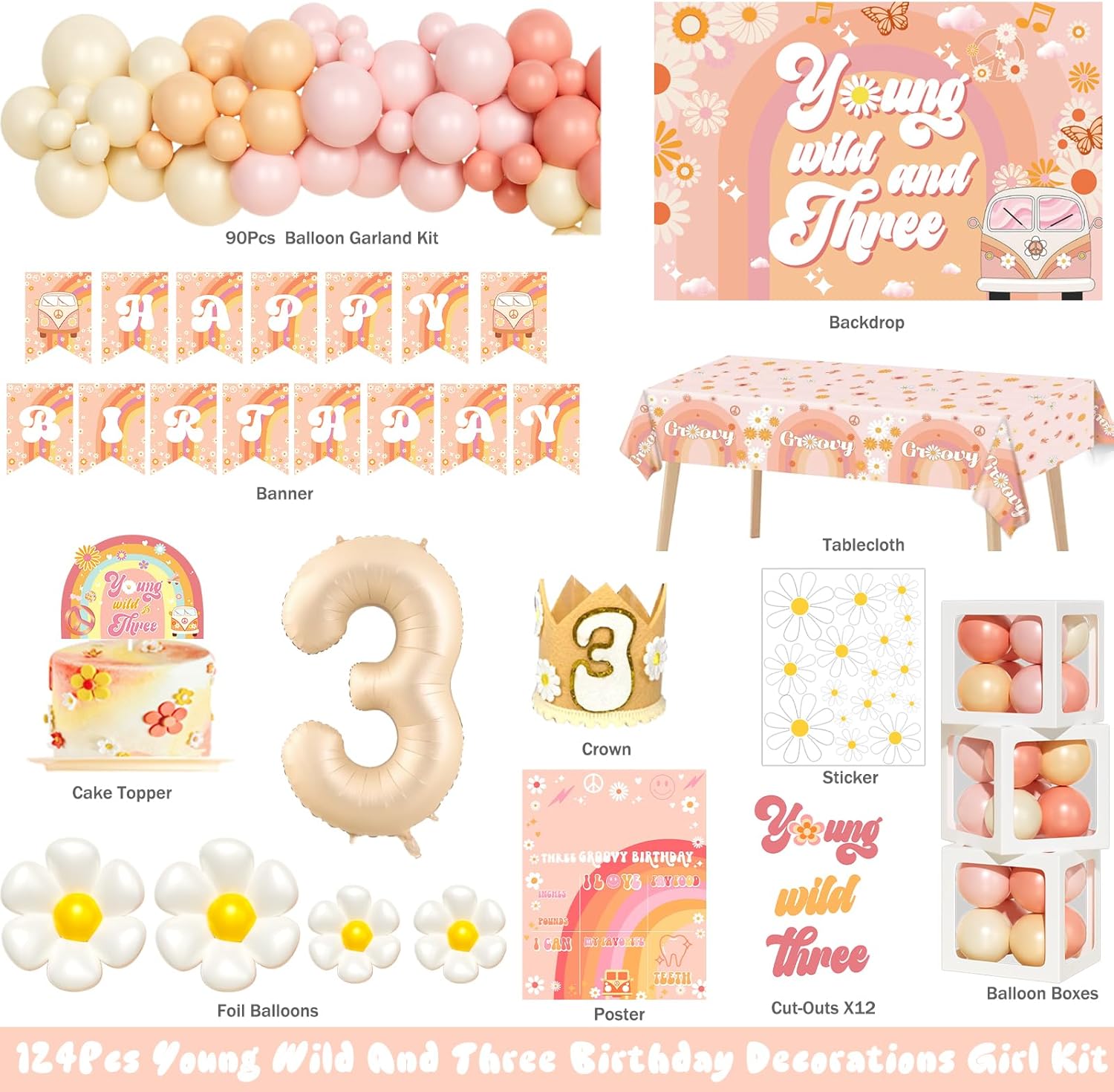Hombae Young Wild and Three Party Decorations, Groovy 3rd Birthday Decorations for Girls, Daisy Boho Hippie Themed Third Party Supplies Backdrop Balloon Banner Tablecloth Crown for 3 Year Old Girl
