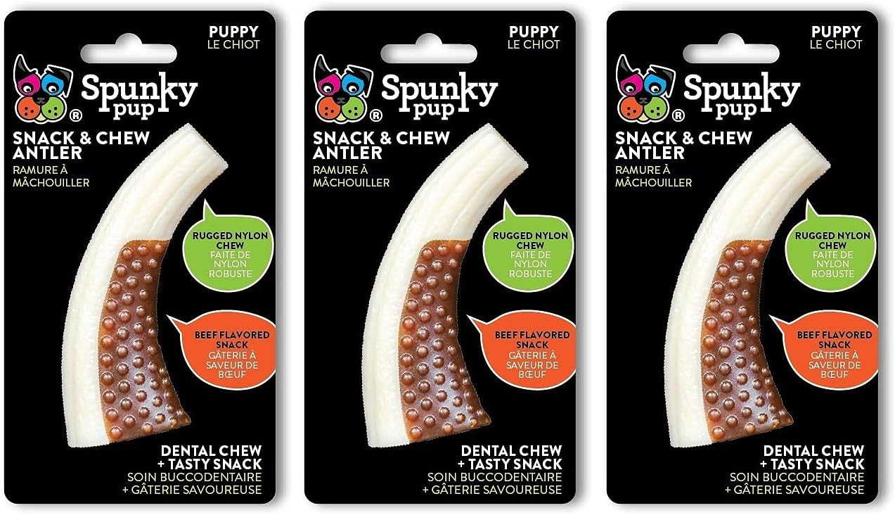 Spunky pup 3 Pack of Snack and Chew Antlers for Dogs, Puppy Size, Beef Flavored