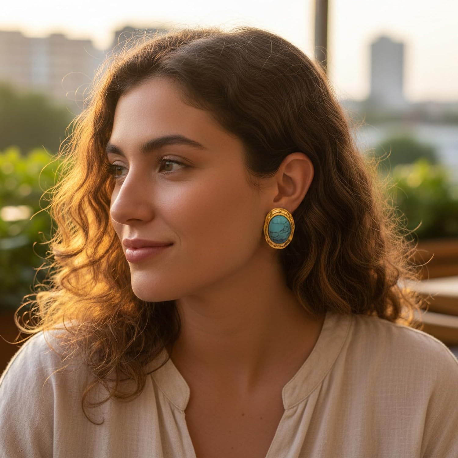 ORIGENCE Large Turquoise Earrings for Women 14K Gold Plated Turquoise Stud Earrings Bohemian Western Jewelry Chunky Gold Vintage Gemstone Earring Trendy Oval Retro Jewelry Gift
