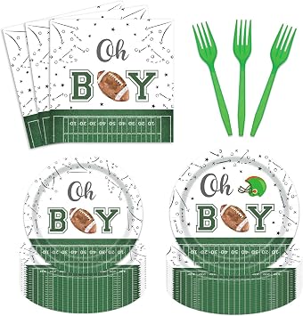 96 Pcs Football Baby Shower Plates Set Football Themed Oh Boy Party Supplies Serves 24 Tableware Include Disposable Plates Napkin Forks for Boy