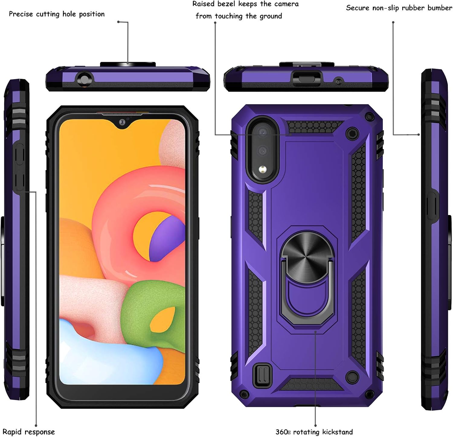 Samsung Galaxy A01 Case (US Version) with Tempered Glass Screen Protectors, Androgate Military-Grade Metal Ring Kickstand 15ft Drop Tested Shockproof Cover for Samsung Galaxy A01 Purple