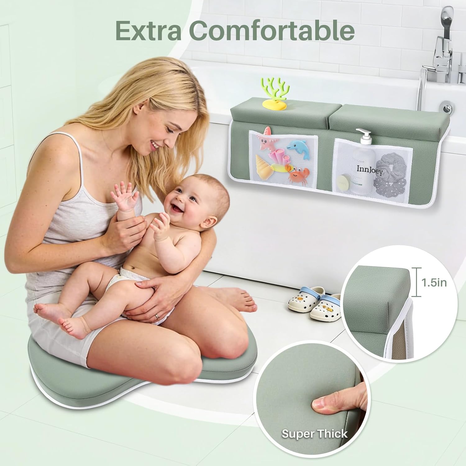Kneeler and Elbow Rest Pad Set, 1.6'' Extra Thick Bath Support for Knees and Elbows, Memory Foam Bath Mat with Toy Organizer Pockets, Quick-Dry Kneeling Pad for Bathing Green