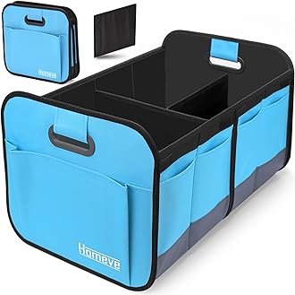 Homeve Trunk Organizer for Car, Car Storage, Reinforced Handles, Collapsible Multi-Compartment Car Organizers Foldable and Waterproof, 600D Oxford Polyester, Suitable for Any Car, SUV, Mini-Van, Blue