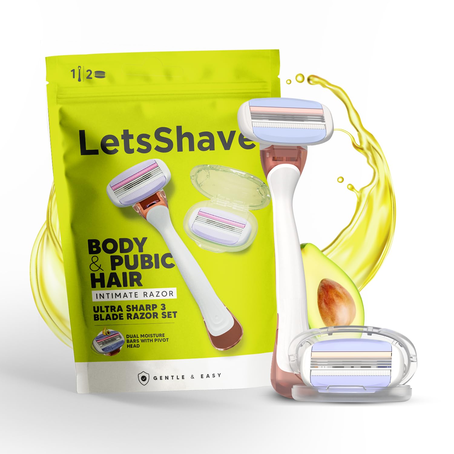 LetsShave Korean 3 Blade Body & Pubic Hair Razor Set, Dual Moisture Bar & Soothing Strip, Micro Comb Guard, Pivot Head, Pink, Men’s Sensitive Skin, 3 Count