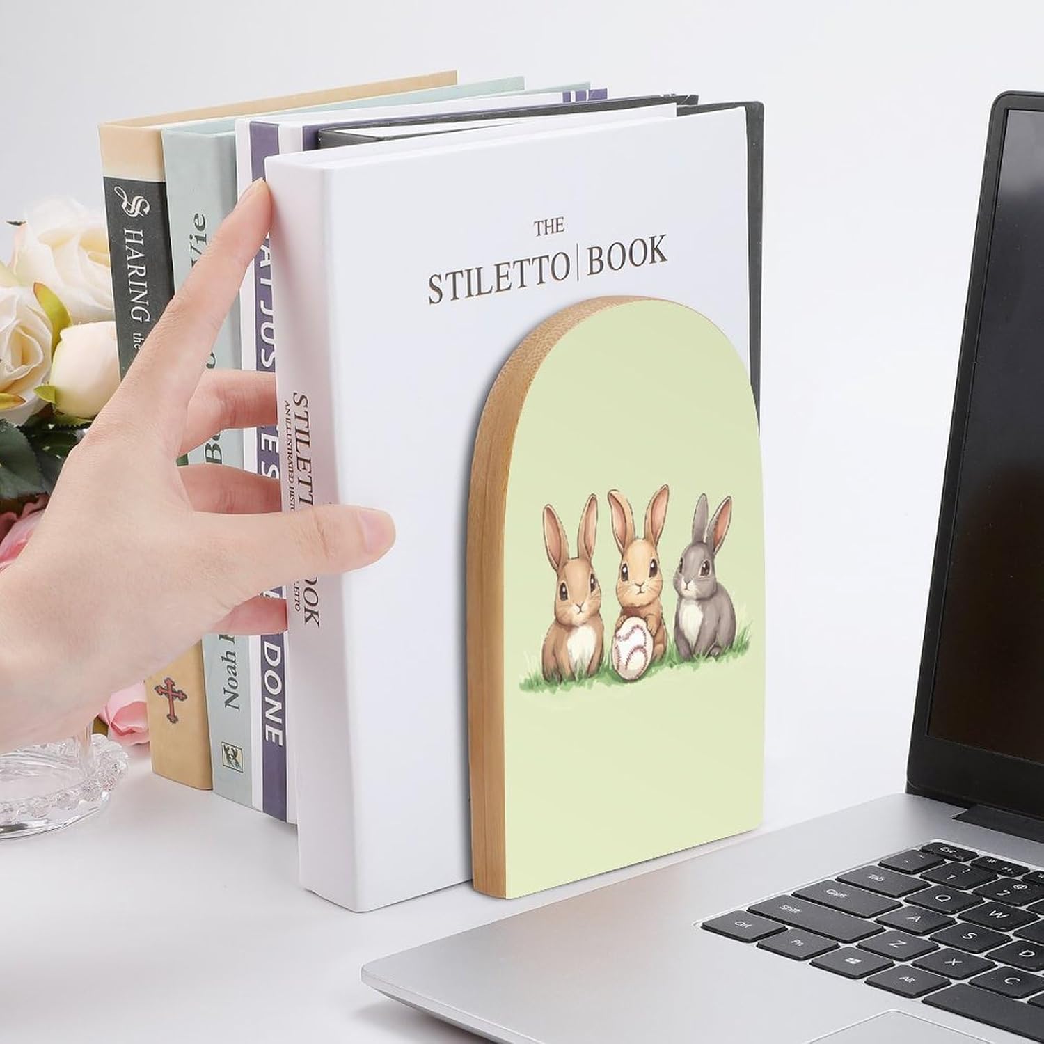 Bunnies Baseball Rabbits Cute Wood Book Ends Decorative Bookends 1 Pair Non-Skid for Shelves Home Office 7 X 5 Inch