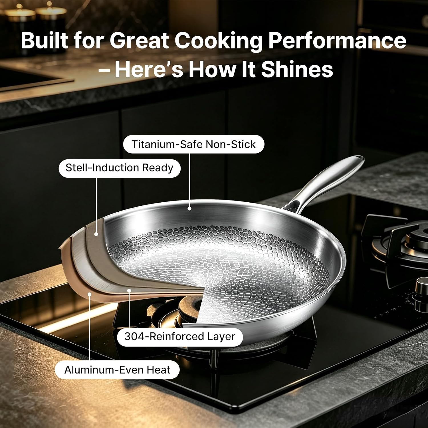 Titanium Pans for Cooking | 10" Non Stick Frying Pan with Lid | Gas, Induction & Oven-Safe | Easy Clean Hammered Pan