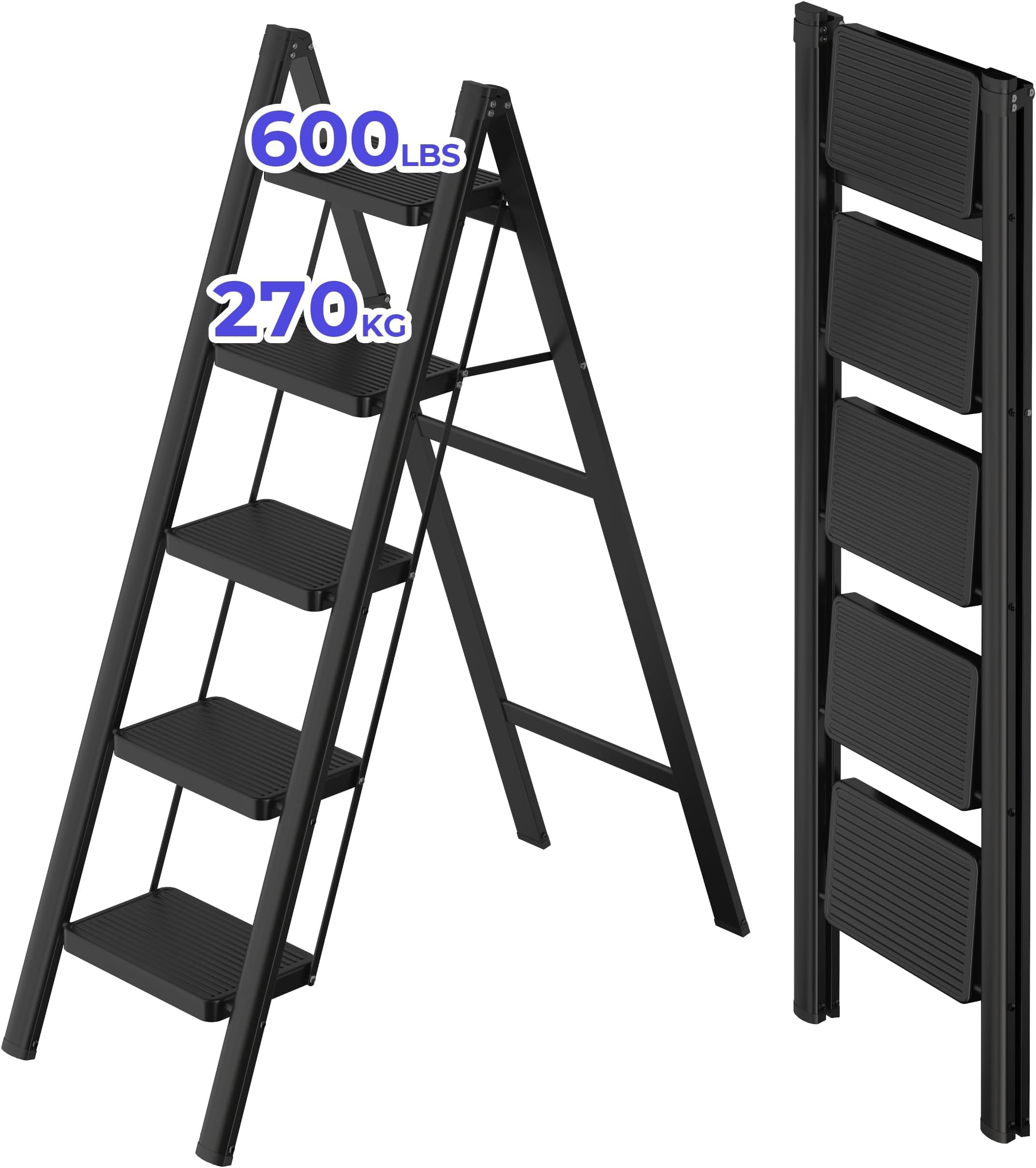 JOISCOPE 5 Step Ladder, Folding Step Stool with Widening and Thicken Non-Slip Pedals, Capacity, Portable & Collapsible Iron Stepladder for Home and Courtyard, Black