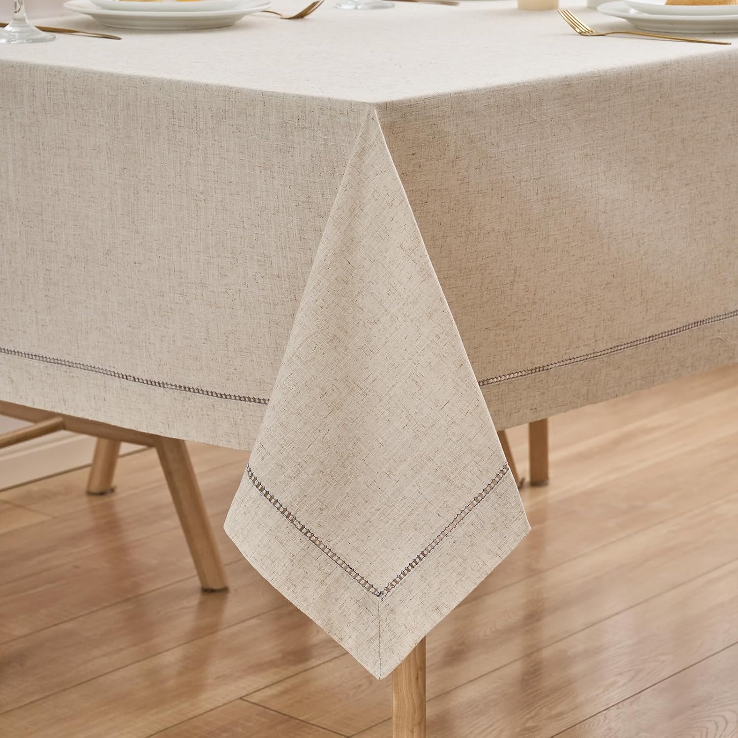 Zdolmy Natural Flax Linen Tablecloth – Undyed Rectangle Hemstitch Table Cover for Kitchen, Dining & Decoration (Elegant Style, 55" x 120")