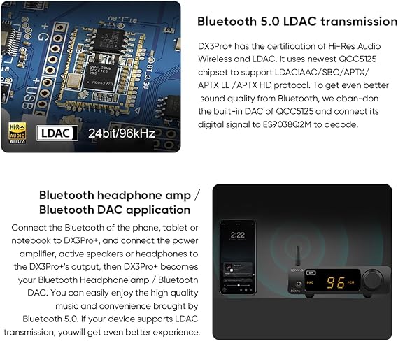 Auinshifiman Topping DX3pro+ Hi-Res Audio DAC & NFCA Headphone Amplifier ES9038Q2M Chip Bluetooth 5.0 USB XMOS XU208 Supports Up to DSD512 & PCM768kHz USB/Optical/Coaxial/BT Input Pre-Amp(Silver)