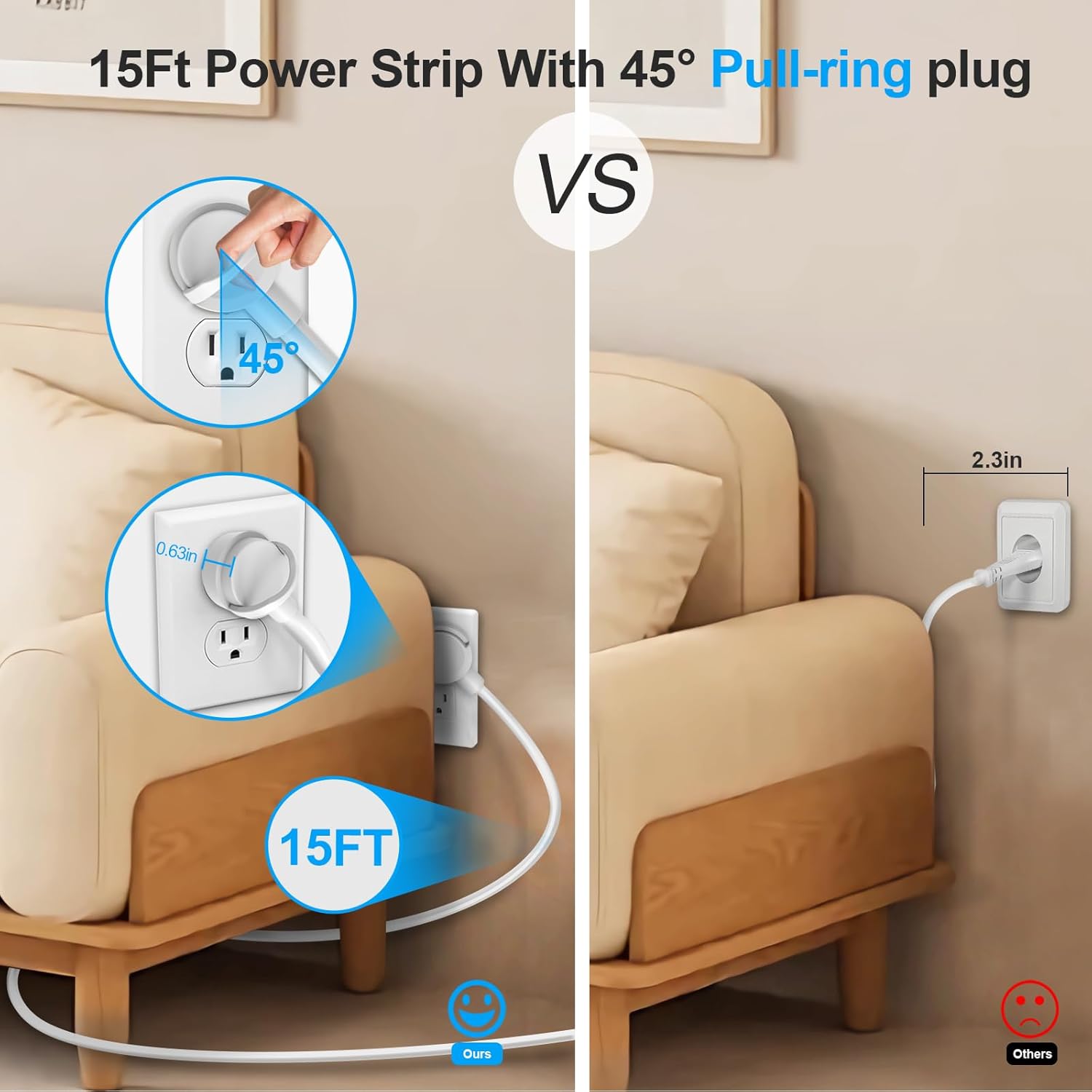 Surge Protector Power Strip 15 ft Cord-6 Widely Spaced Outlets 4 USB Ports(2 USB C Port,PD20W Fast Charging),Power Strip Long Cord(1250W/10A),Power Strips with Surge Protection,White(2 Pack)