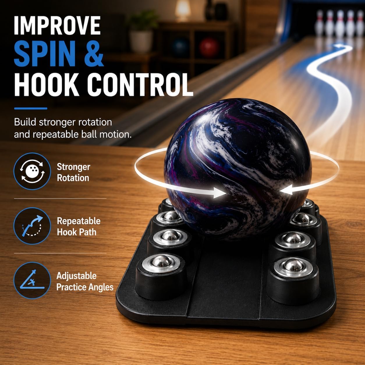 Bowling Ball Spinner Trainer with Maintenance Stand, Bowling Hook & Grip Training Tool, All-in-One Practice Aid for Improving Rev Rate and Ball Performance
