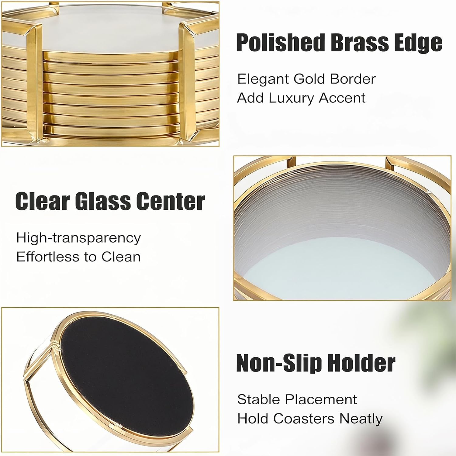 Glass Coaster Set of 8 Drink Coasters with Holder, Gold Brass-Coated Glass Coasters for Drinks, Round Cup Mats Coffee Table Décor for Kitchen, Living Room, Bar, Office, Patio, 4 Inches