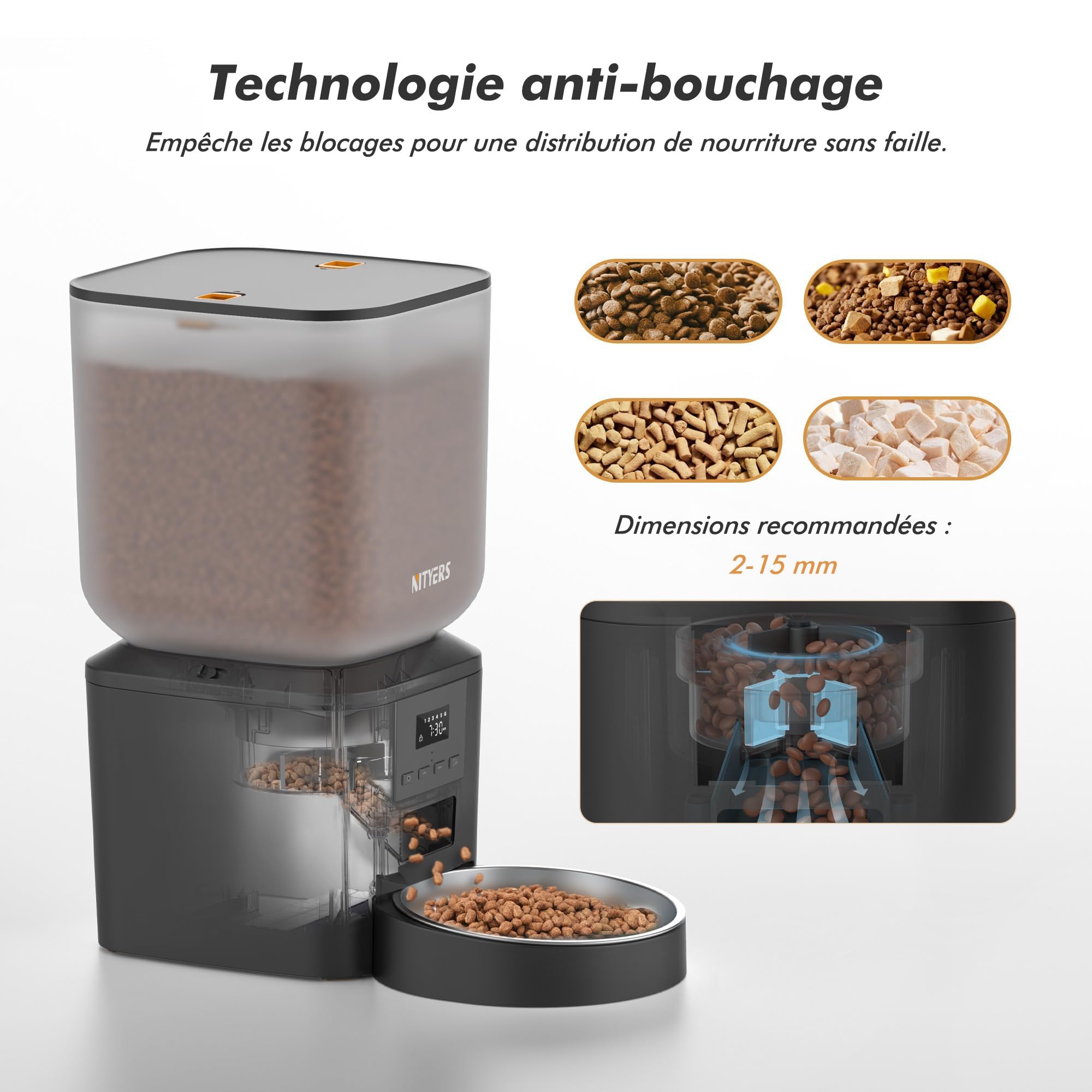 Distributeur Croquettes Chat et Chien Automatique, 8L Grande Capacité, 1-6 Repas par Jour, avec Cuve en Acier Inoxydable, Enregistreur Vocal 10s