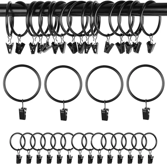 45 Black Curtain Rings with Clips - Metal Hangers for Shower & Window Curtains