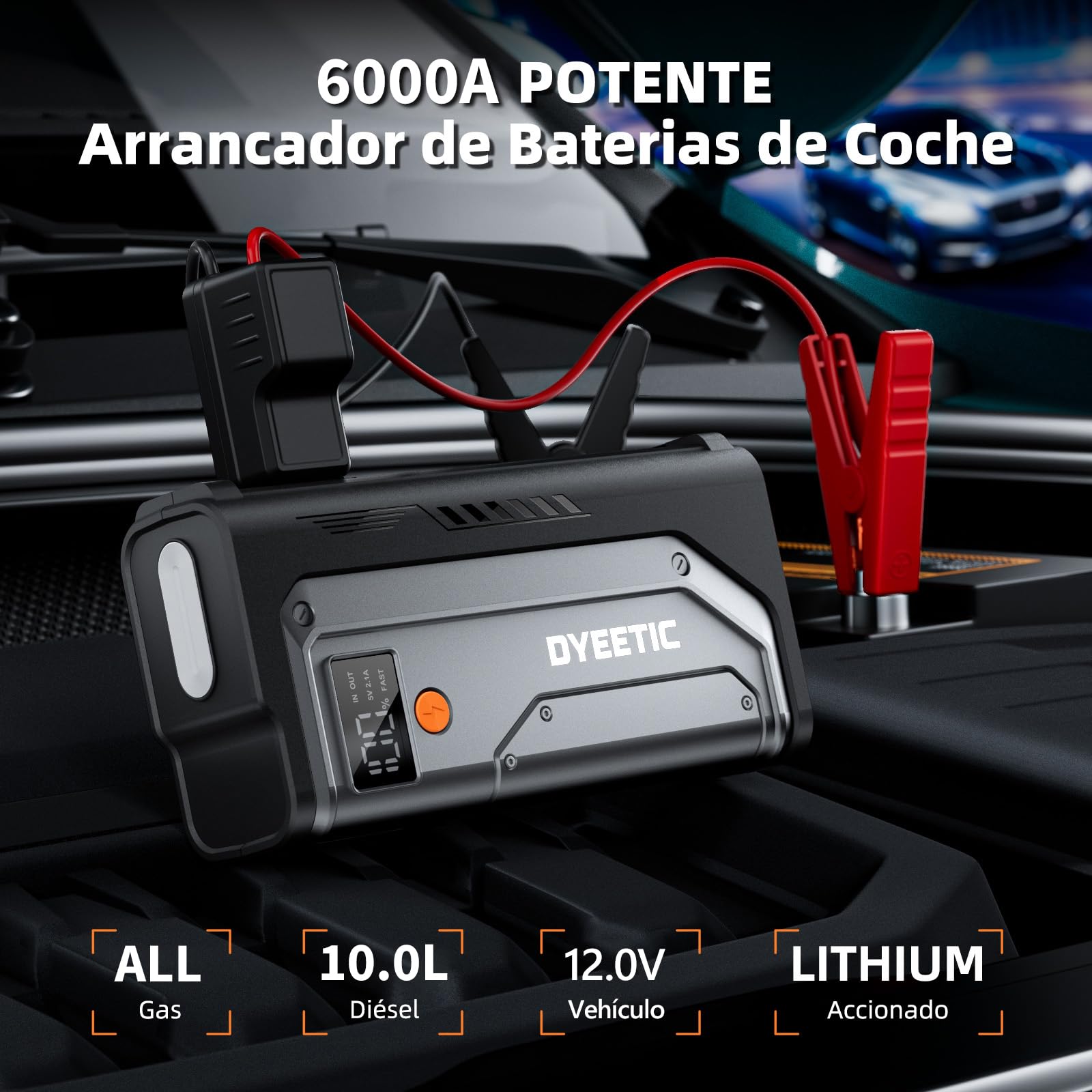 Arrancador de Coche, 6000A Arrancadores de batería de Coche,12V Jump Starter Portátil (para All Gasolina o 10L Diesel) con 18W Carga Rápida, Linterna LED de Emergencia, Cables de Arranque