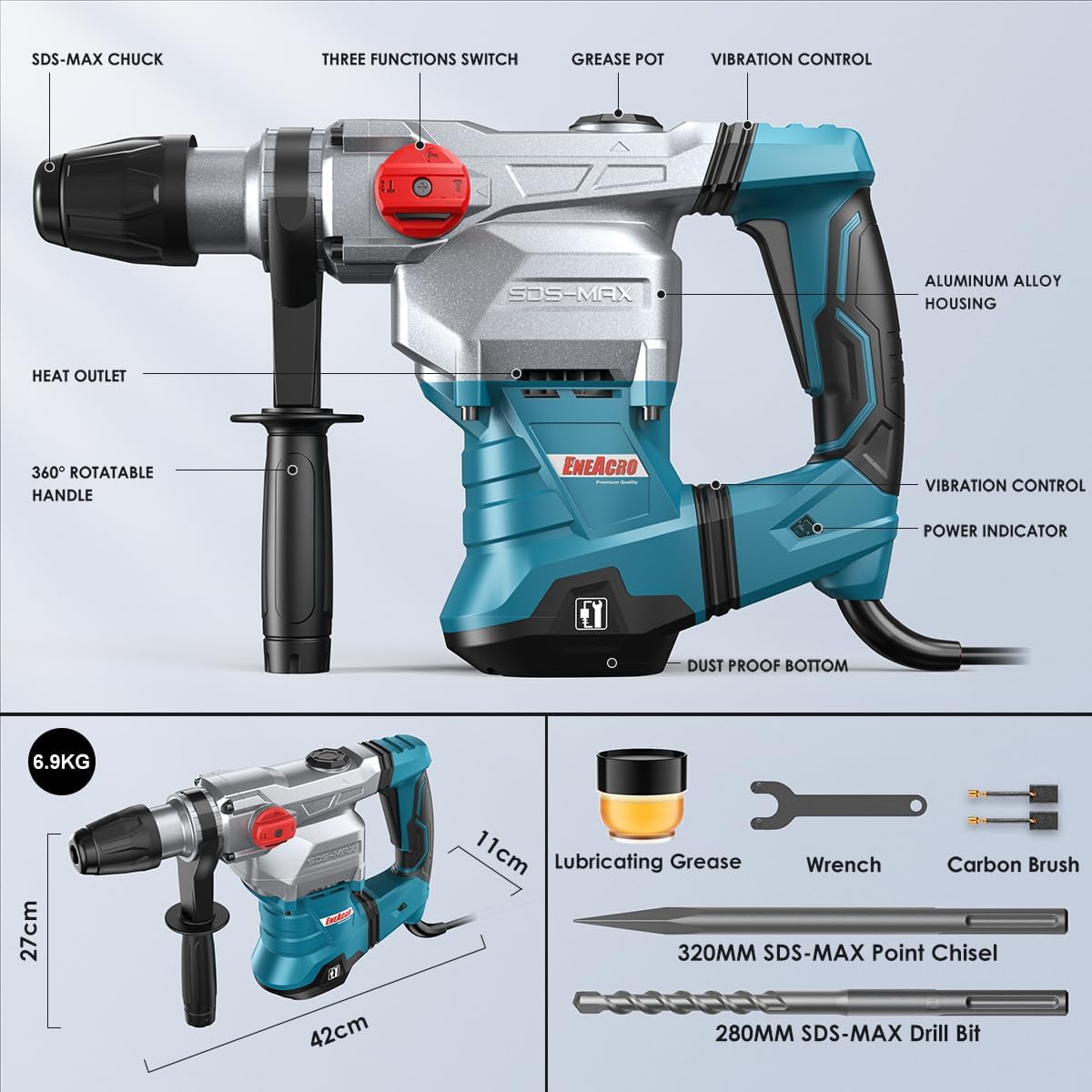 ENEACRO SDS-MAX Hammer Drill components and dimensions