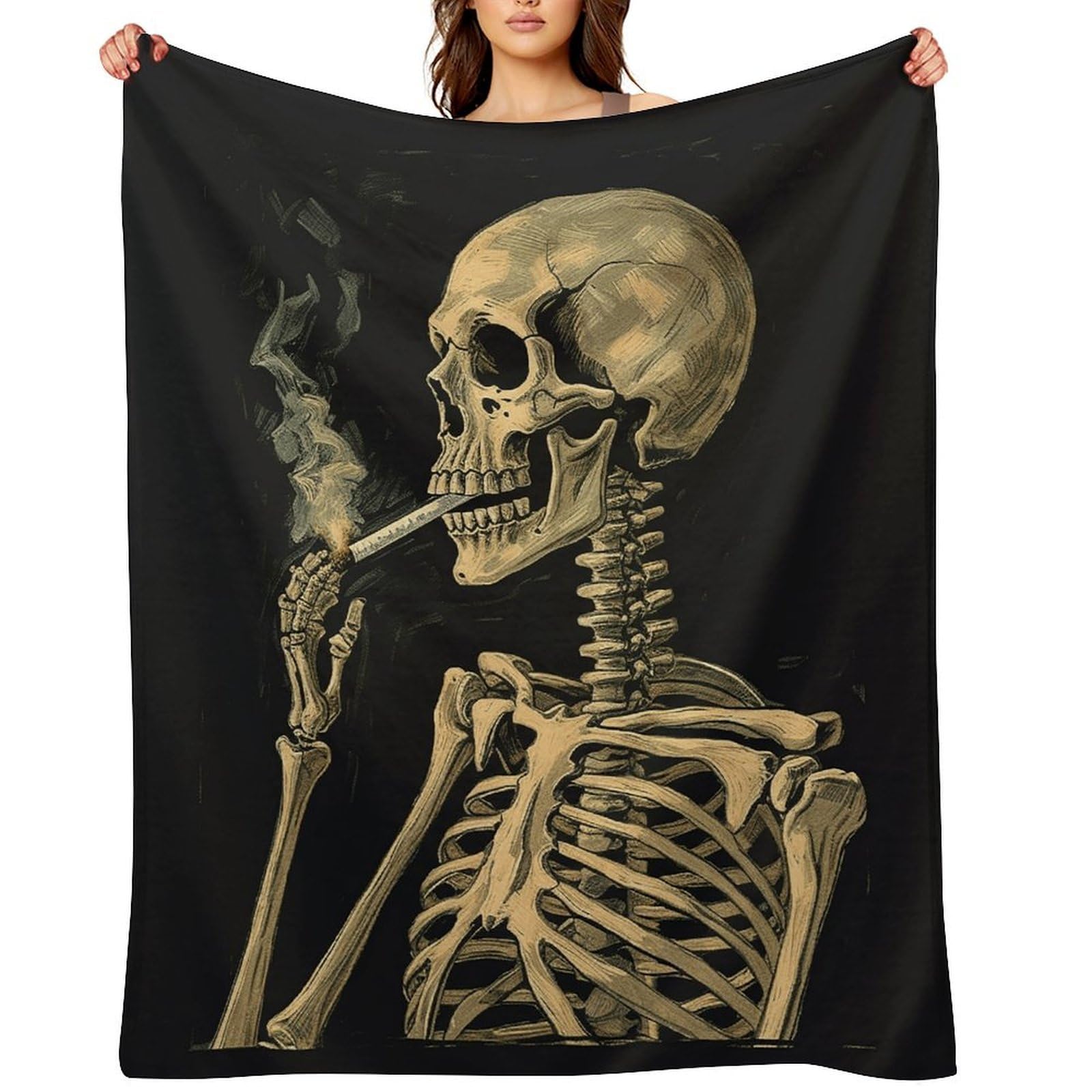 A Skeleton with Burning Cigarette Throw Blanket for Couch and Bed Super Soft Warm Lightweight Throw Blankets Cozy Fuzzy Flannel Blanket Personalized Decorative Blankets for Sofa Decor 60"x80"