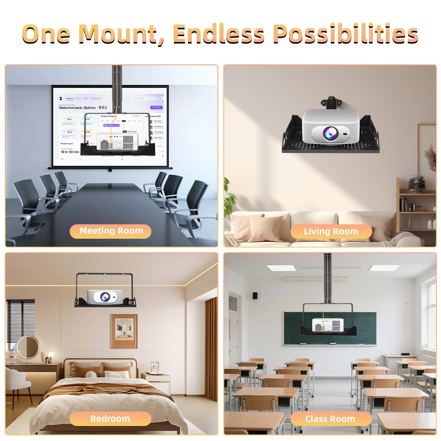 Salange Soporte de techo extensible para proyector con bandeja, estante universal 3 en 1 para proyector de techo y pared, soporte inclinable de 45 ° para hogar, oficina, escuela