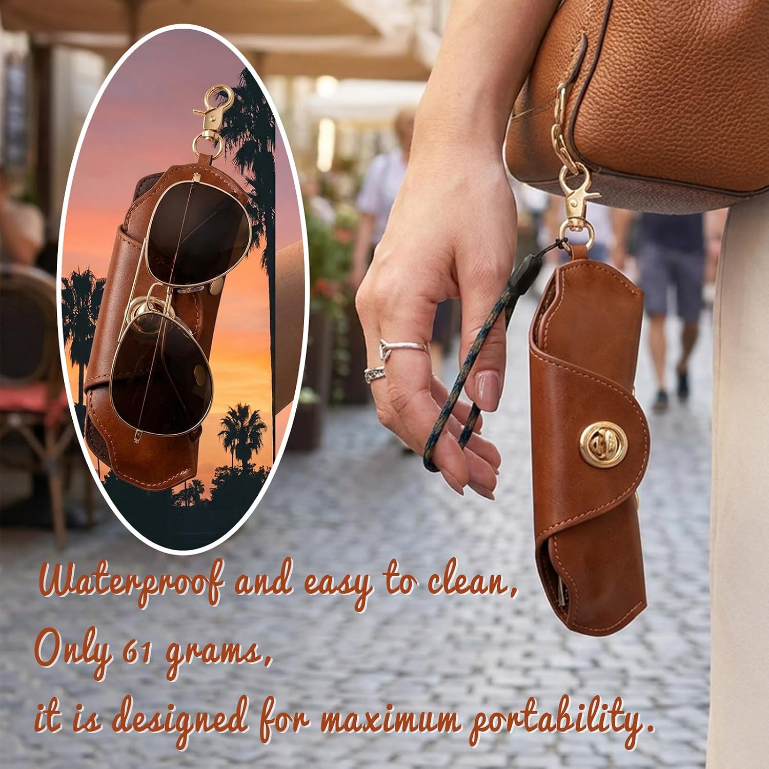 PU Leather Sunglasses Case with Turn Lock and Keychain Clip