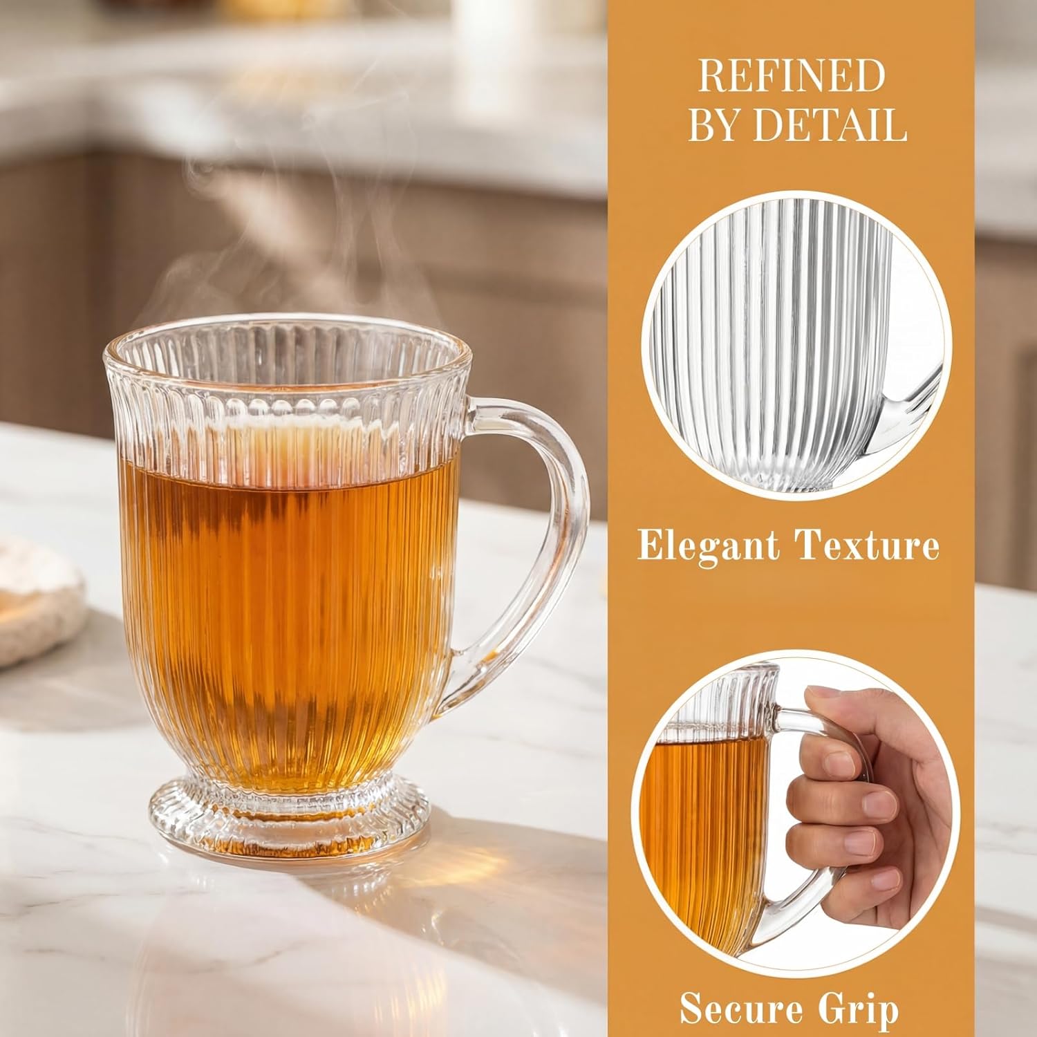 4 Pack Clear Glass Coffee Cups, 16 Oz Tea Cups Large Coffee Mug with Handle, Classic Ribbed Drinking Cups Vintage Glassware for Cold Hot Beverages, Cappuccino, Latte, Juice