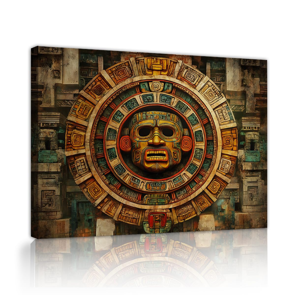 TOANGWALL Ancient Aztec Calendar Wall Art Golden Sun Shield Prints Tribal Folk Pattern Canvas Painting Living Room Bedroom Office Entryway Historical Decor Posters 80x95cm