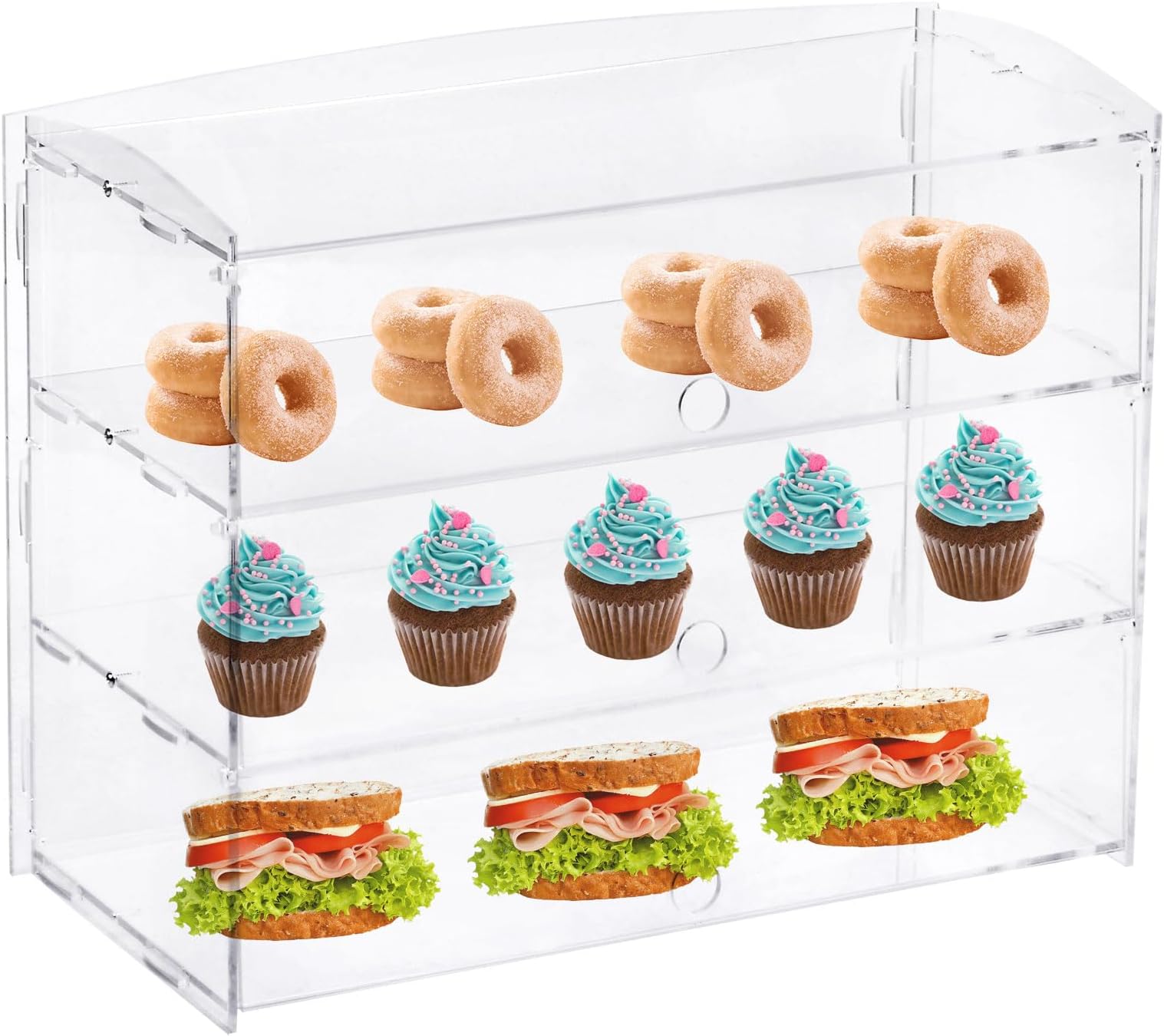 3-Tier Pastry Display Case Countertop, Acrylic Donut Display Box with Rear Door Access, Suitable for Bakery Snack Bar Cafe, 19.3"L x 9"W x 15"H
