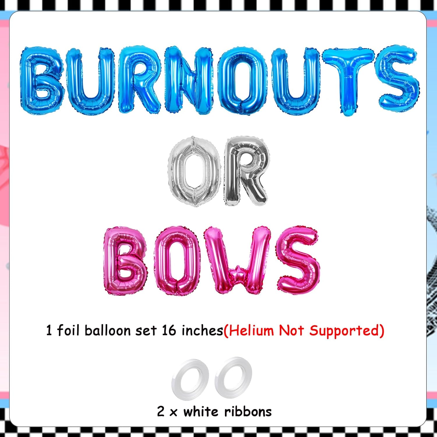 Burnouts or Bows Gender Reveal Decorations Burnouts or Bows Foil Balloon Banner Blue Car Wheel and Pink Bow Tie Party Decoration for He or She Baby Shower Gender Reveal Baby Shower Supplies - Image 6