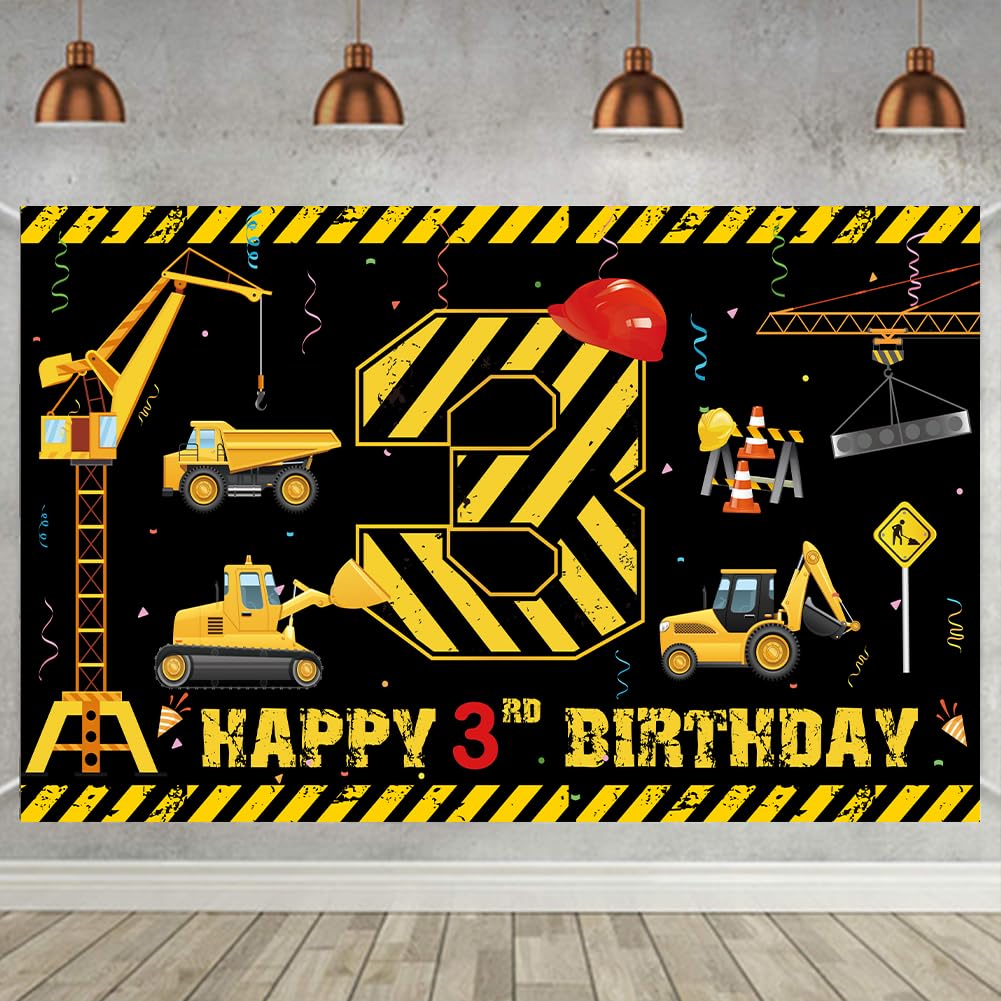 LOONELO Construction Theme Banner 3rd Birthday Party Photography Backdrop, Dump Truck Background Decorations, Yellow Black Excavator Crane Digger 3 Year Old Poster Sign