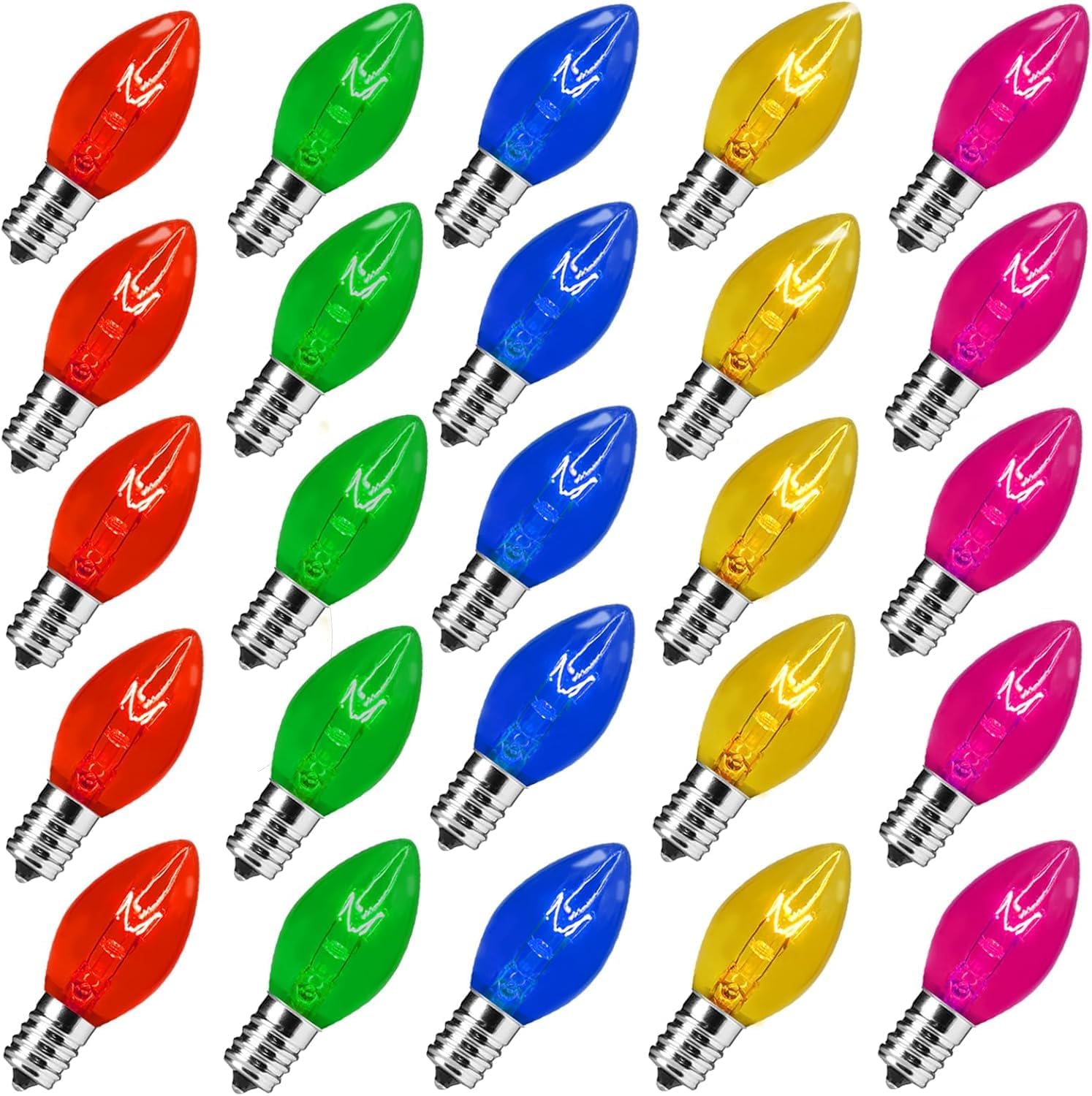 25 Pack C7 Clear Multicolor Incandescent Replacement Bulbs, 5W Warm White 2200K, E12 Base, Waterproof C7 Night Light Bulbs for Vintage Christmas String Lights Outdoor Indoor Home Party Decorations