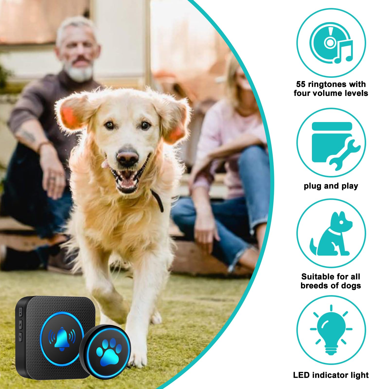 Dog Door Bell for Potty Training, Smart Wireless Doggie Doorbell to Go Outside, 1000 Feet Long Range with IP65 Waterproof Super-Light Touch Button, 60 Melodies & Adjustable Volume (2 Button) - image 2