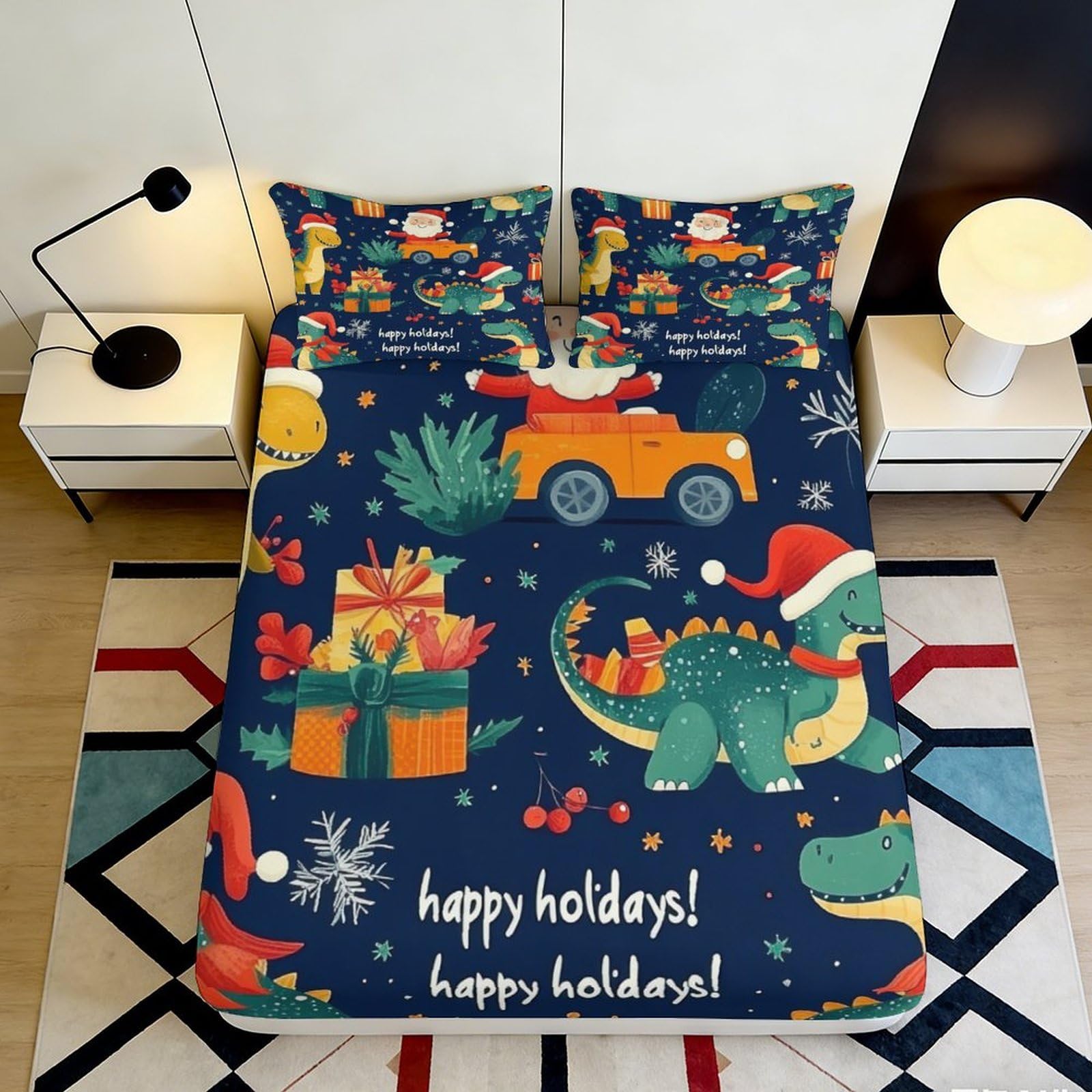 3D Printed Christmas Dinosaur Fitted Sheet Microfiber Deep Pocket Festive Mattress Fitted Cover Non-Slip Wrap for Bedroom 180x200x25cm