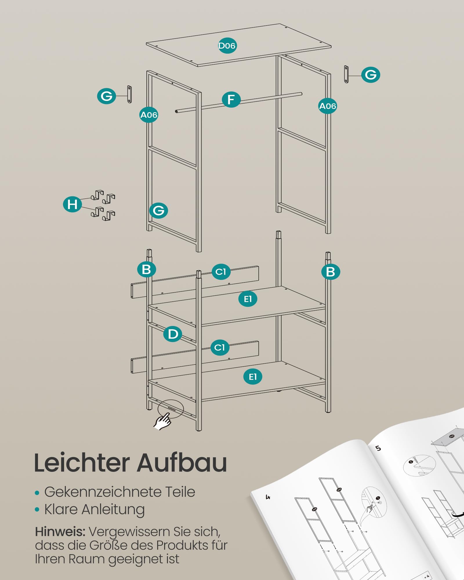 SONGMICS Kleiderschrank offen, Kleiderständer, Garderobenständer, Garderobe mit Kleiderstange, Ablagen, abnehmbare Haken, 40 x 60 x 181 cm, vintagebraun RGR006B01
