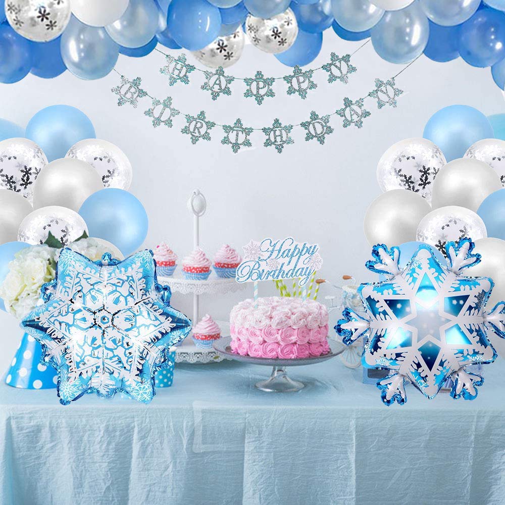 Schneeflocken Geburtstagsdeko Set - Happy Birthday Flagge & Tortenaufleger