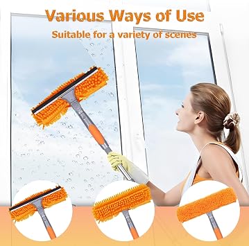 4.5M Extendable Window Cleaning Pole Set, Telescopic 2in1 Long Reach Window Cleaning Equipment with Silicon Squeegee and 5 Microfiber Pad(2Orange 3Gray), Telescopic Long Handle Squeegee with Gloves