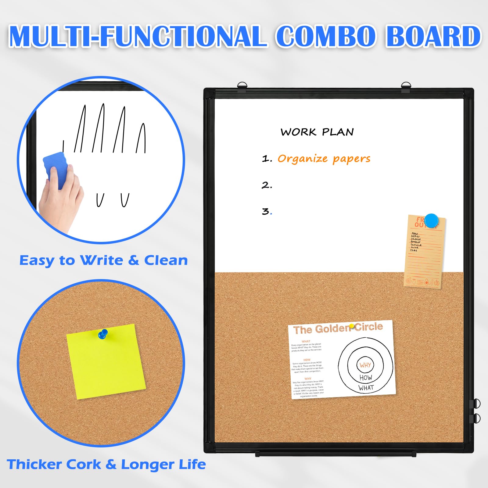 WALGLASS - Juego de pizarra blanca magnética de corcho y borrado en seco para pared, pizarra blanca y corcho con marco de aluminio, para el hogar, el aula, la oficina