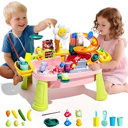 2026 Upgraded 4-in-1 Sand Water Table for Toddlers 1-3, Water Table for Kids Ages 4-8 with Pump, Play Sink with Running Water, Kitchen Sink for Toddlers, Fishing Game and Outside Sensory Toys (Pink)