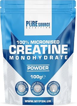 Pure Source Nutrition Creatine Monohydrate Powder Vegan Gluten Free 100% Micronised Creatine Unflavoured Proven to Improve Physical Performance and Recovery Powder 100g