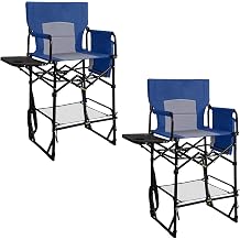 Romswi 2Pcs Extra Tall Portable 30" Seat Height Folding Camping Chair Directors Chair High Foldable Bar Stool with Side Table for Makeup Artist, Sports Event, Craft Show, Supports 400LBS,Blue