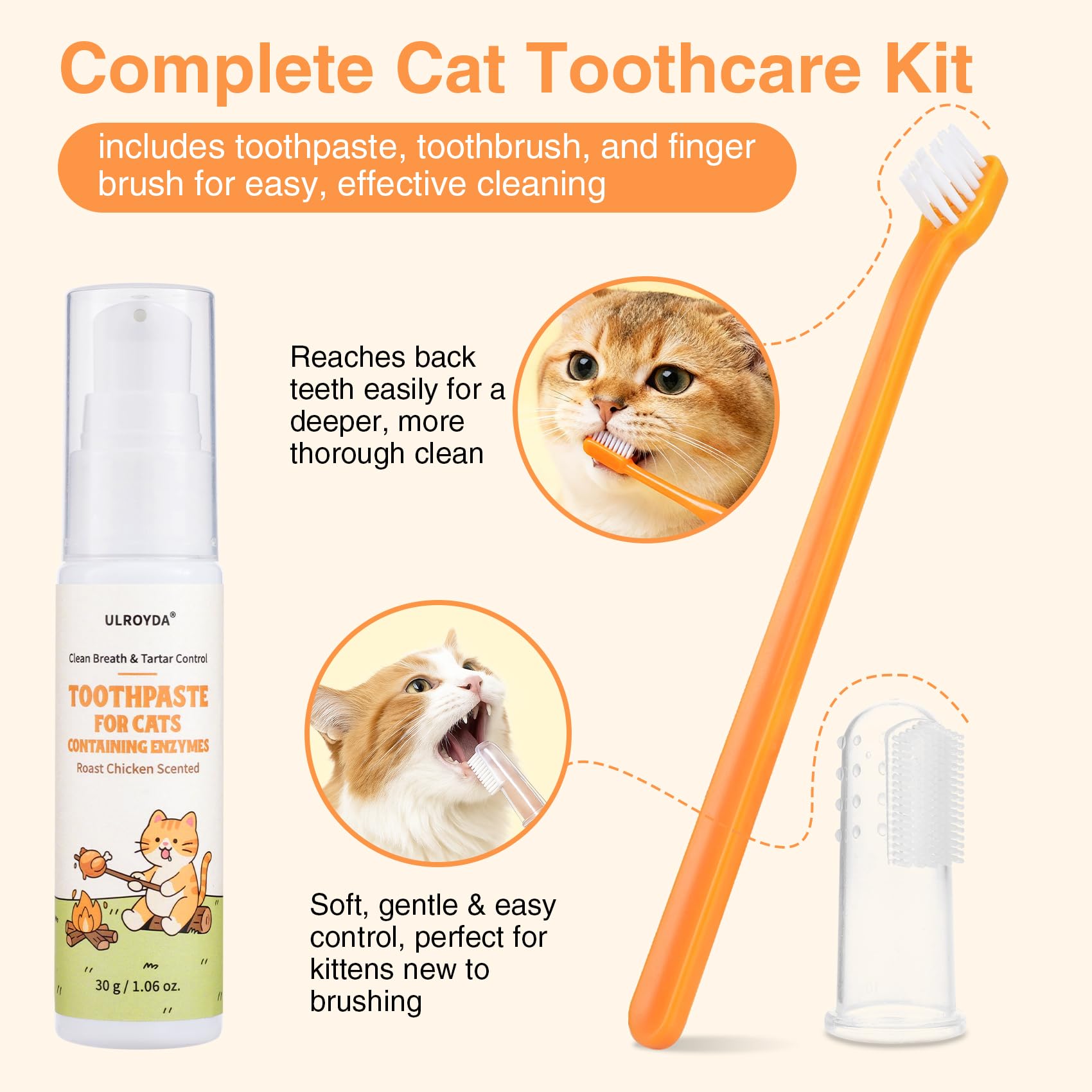 Enzymatic Cat Toothpaste Kit – Roast Chicken Flavor Dental Care for Cats & Kittens | Fights Plaque, Tartar & Bad Breath | Includes Toothbrush & Finger Brush, 1.06 oz - image 5